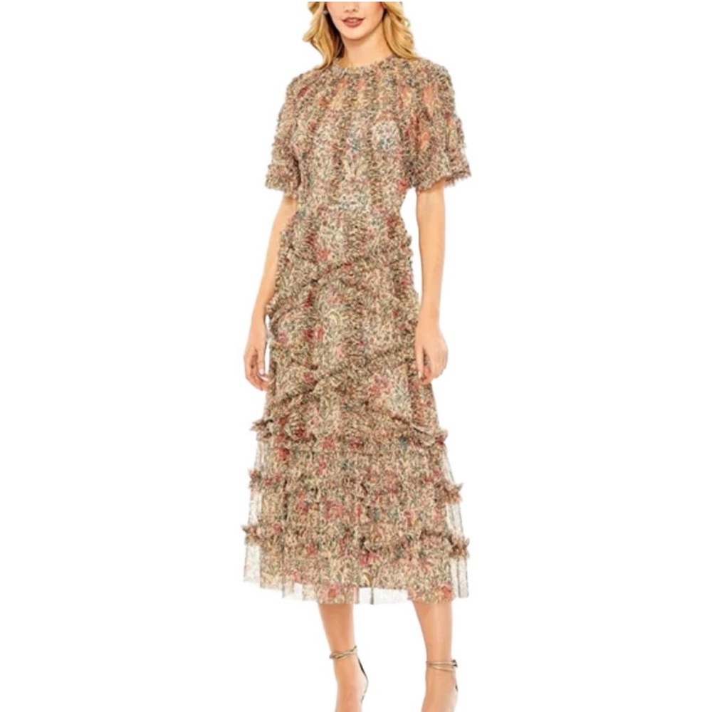 MAC DUGGAL Beige Floral Flutter Sleeve Mesh Print Dress Women's
